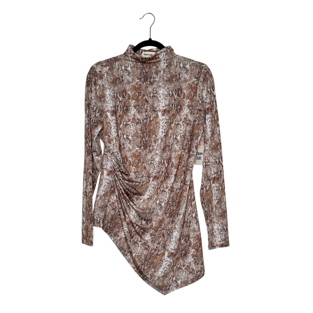 Open Edit Asymmetrical Hem Ruched Side Mock‎ Neck Top - Brown Snake Swirl Print